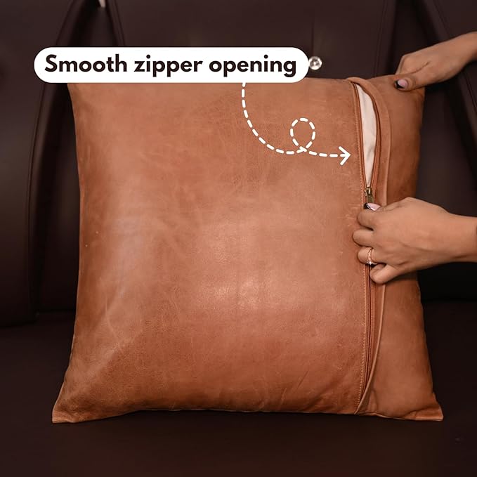 D DOLLY LAMB Lambskin Leather Pillow Cover - Sofa Cushion Case - Decorative Throw Covers for Living Room & Bedroom, 22x22 Inches - Antique Brown Plain