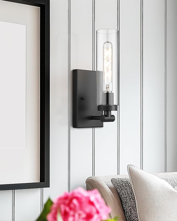 Emak Modern Black Wall Sconces Set of Two, Farmhouse Bathroom Sconce with Clear Glass Shade, 2 Light Bathroom Vanity Light for Living Room, Bedroom, Gallery, WS086-BK-CG-2PK