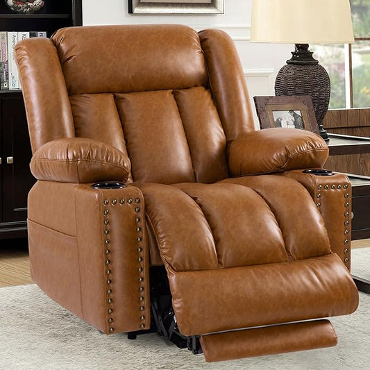 Large Power Lift Chair Recliner for Elderly with Heated and Massage, Overstuffed Adjustable Lift Chair, 3 Position, Breathable Leather, USB-A&USB-C, Cup Holder (Tall Man-7523, Caramel)