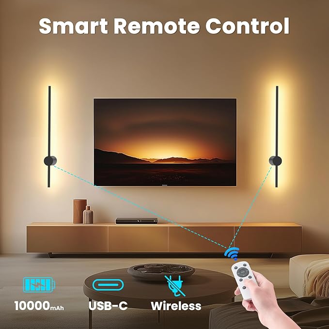 NIORSUN 24 Inch Battery Operated Wall Sconce Set of 2,Black Minimalist Rechargeable LED Wall Lights with Remote, 10 Colors Dimmable Wireless Wall Lamp for Living Room Bedroom Hallway