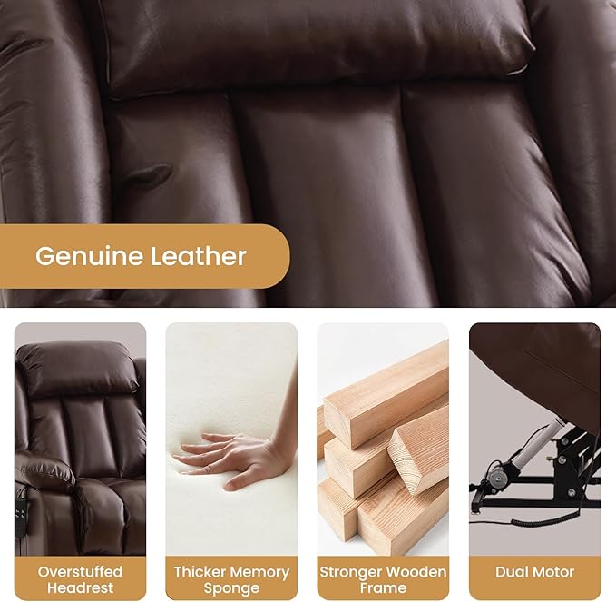 TEKAMON Power Lift Recliner Chair for Elderly with Heat & Massage, Dual Motor Genuine Leather Recliner, Lay Flat Sleeping Chairs with Infinite Position, RemoteControl(Brown, Extended)