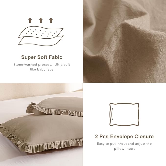 QSH 3PCs Light Taupe Ruffled Comforter Set Queen Size,Shabby Boho Chic Bedding Comforter Sets Queen, Ultra Soft Farmhouse Lightweight Microfiber Inner Fill Bed Comforter Set