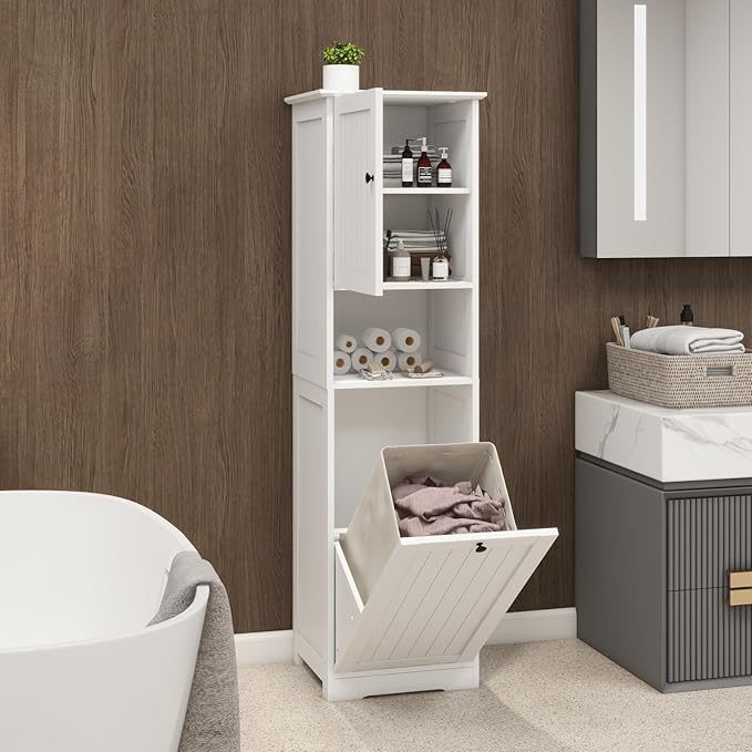 Tilt Out Laundry Hamper Cabinet, 55" Tall Bathroom Storage Cabinet Laundry Cabinet with Shelves and Clothes Basket, Hamper Cabinet Shelf for Laundry Room Bathroom Organizer, White