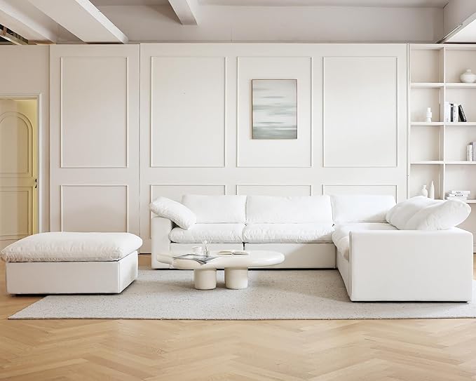 JACH V Shape Cloud Couches for Living Room, Modular Convertible Sectional Sofa Couch, Couch Cushion Covers Removable, Cloud Sofas with Chaise Ottoman for Party Living Room, Bedroom, Apartment (White)