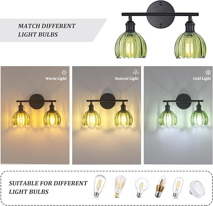 Bathroom Light Fixtures, 2-Light Black Vanity Wall Light Over Mirror with Green Tulip Glass Shade for Bedroom Living Room