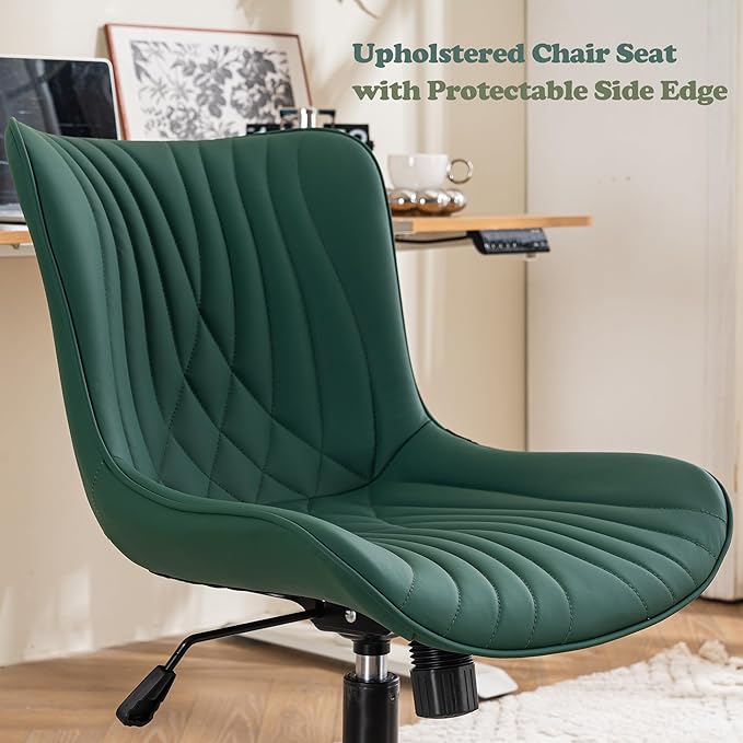 YOUTASTE Dark Green Office Chair, Modern Armless Desk Chair with Back, Adjustable Swivel Rolling Faux Leather Task Chair with Wheels Metal Base for Home Office, Study, or Vanity