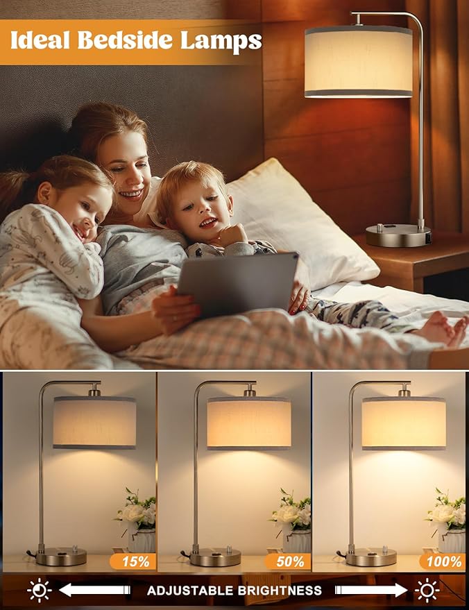 Gray Side Table Lamp with USB Port and Outlet, Dimmable Nightstand Bedside Lamps with Linen Lampshade, Desk Lamp for Bedroom, Living Room, Guest Room, Home Office, LED Bulb Included
