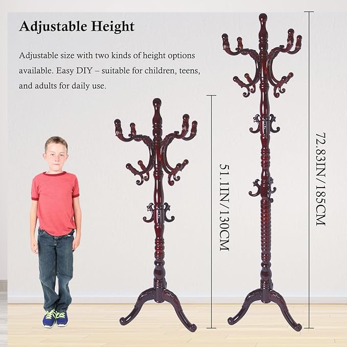 Coat Rack Stand, Solid Wooden Coat Tree with 14 Hooks, Heavy Duty Coat Rack Freestanding with Sturdy Round Base, Natural Birch Wood Coat Hanger Stand for Entryway Bedroom (Triangle Redwood)