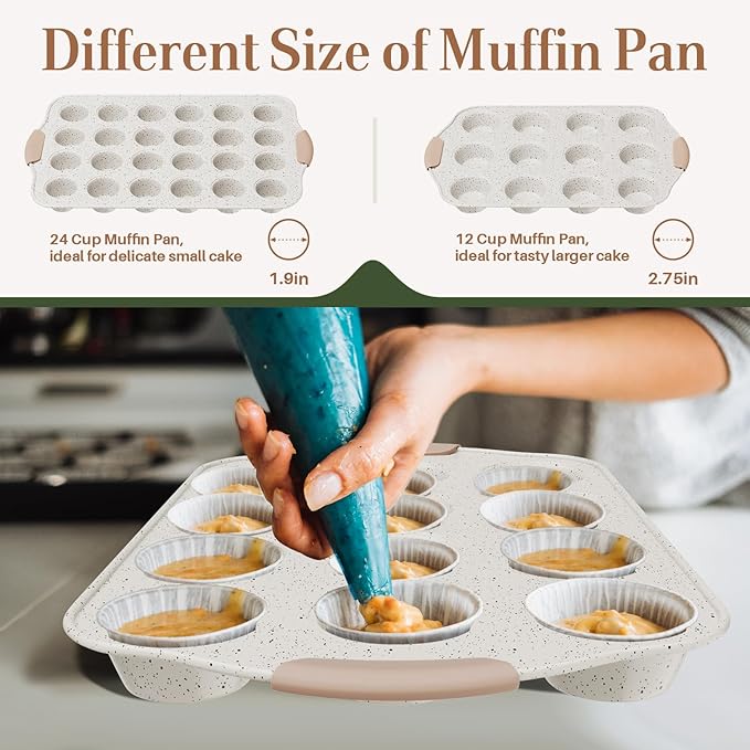 11-Piece Baking Pans Set Nonstick, Stackable Bakeware, Toxin-Free Baking Pans Set with Silicone Handles, Includes Cookie Sheets, Cake Pan, Loaf Pan, Pizza Pan, Muffin Pan, White&Khaki