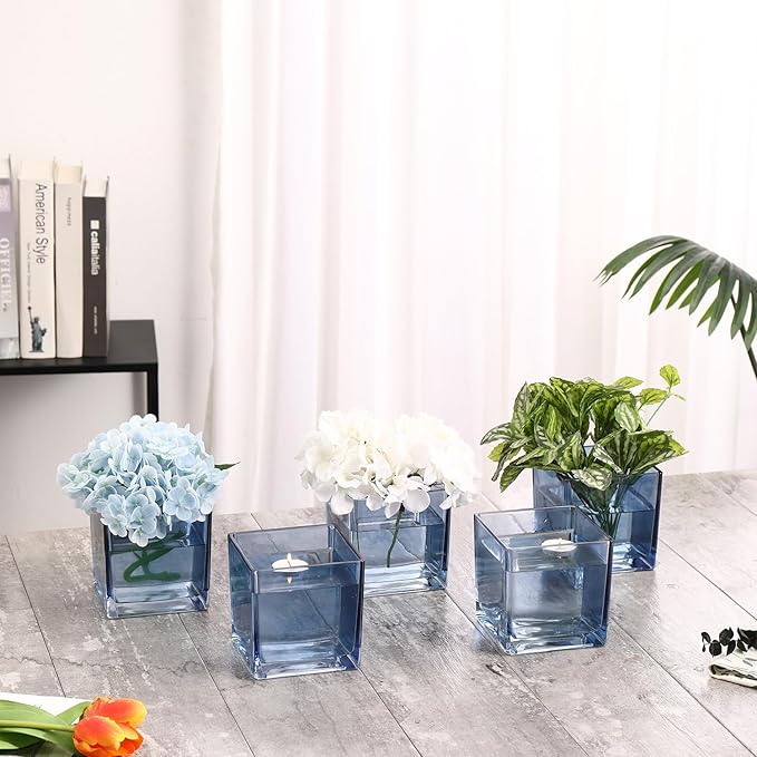 Square Blue Glass Vases Set of 2, 6" x 6" x 6" Square Vase for Centerpieces, Flower Vases for Centerpieces, Small Vase for Wedding, Party, Home Office Decoration
