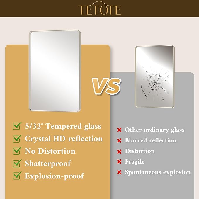 TETOTE 48 x 36 Inch Brushed Nickel Bathroom Mirror Metal Framed Bathroom Mirror, Tempered Glass, Modern Farmhouse Wall Mounted Mirror for Decorative(Horizontal/Vertical)