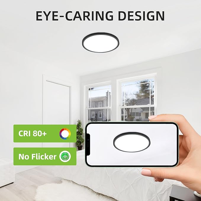 hykolity 12 Inch Selectable CCT LED Round Flat Panel Light, 24W 3000K/4000K/5000K, Edge-Lit Flush Mount Ceiling Light Fixture for Kitchen, Bedroom, Laundry and Closet Room，Black