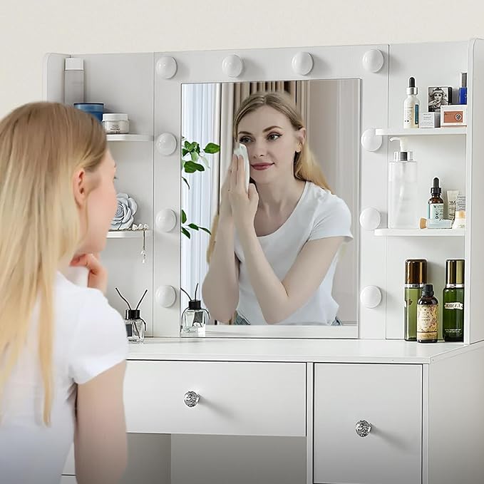 JBLCC Vanity Desk with Mirror and Lights, 39.4''W White Makeup Vanity with 3-Color Lighted Mirror, 7 Drawers & Open Shelves, Big Vanity Table for Bedroom, Girls & Women