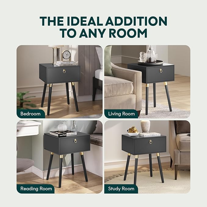 Bme Alden Wood Nightstand, Solid Wood End Table, Mid Century Modern Nightstand, Side Table with 1 Drawer, Compact for Bedroom, Living Room & Study Room, Easy Assembly, Black