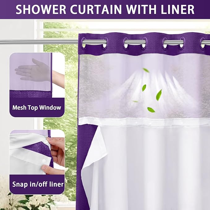 YellyHommy No Hook Shower Curtain with Snap in Liner Set Less Time Waffle Shower Curtain for Bathroom 75" L x 72" W Deep Purple