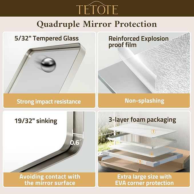 TETOTE 72 x 36 Inch Brushed Nickel Mirror Metal Framed Bathroom Mirror, Tempered Glass, Modern Farmhouse Wall Mounted Mirror for Decorative(Horizontal/Vertical)