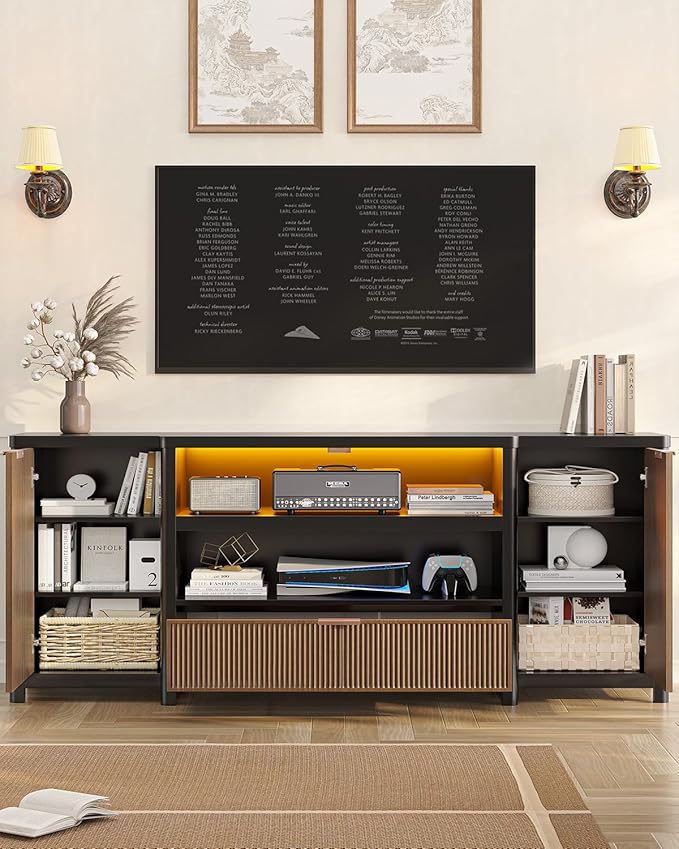 AOGLLATI Fluted TV Stand for Living Room, 71” Heavy-Duty TV Console Cabinet with Storage and Shelf, Mid Century Modern Television Stands with Drawers for 60/65/70/75/80 TV, Black