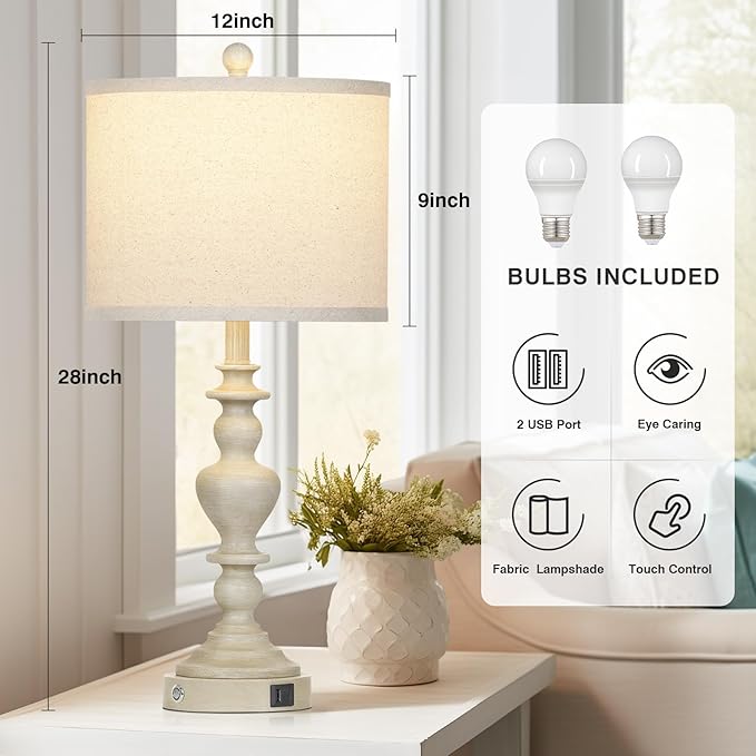 27" Farmhouse Lamps Set of 2 with USB C+A Charging Ports, Vintage Rustic Touch Control Table Lamp for Living Room, 3-Way Dimmable Traditional Nightstand Bedside Lamp for Bedroom Resin Washed Beige