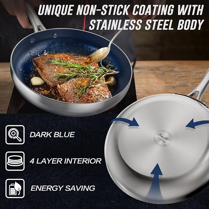 8 Inch Frying Pan Tri-Ply Stainless Steel & Nonstick, 8" Omelet Pan PFAS-Free, Skillet with Stainless Steel Cool Handle, 8 Non Stick Fry Pan, Oven Safe, Dark Blue