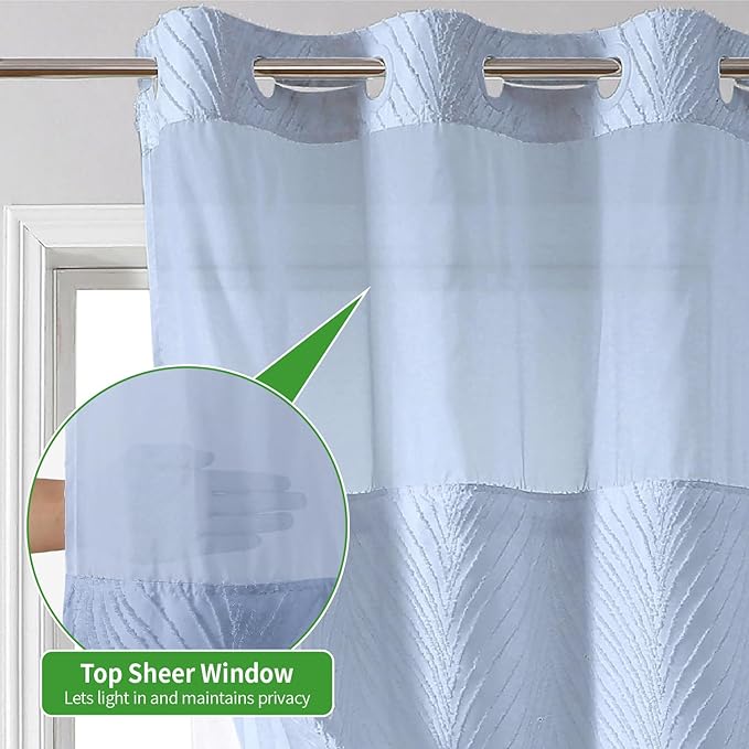no Hook Shower Curtain and Liner Set，Boho Style with See Through Top Window, Blue Fabric Tufted Striped Textured Outer Curtain & Waterproof Inner Liner, FrostBlue, 71Wx74H