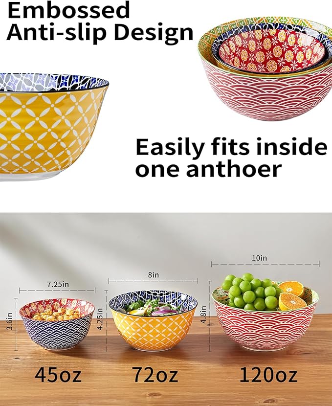 Ceramic Mixing Bowls for Kitchen, Colorful Nesting Bowls, Large Serving Bowls for Prepping, Baking, Mixing, Salad, Microwave Dishwasher Safe, 3.7/2.3/1.4 Qt, Set of 3