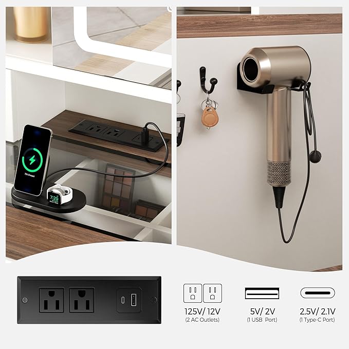 Farmhouse Makeup Vanity Desk with Sliding Mirror and Lights, Glass Desktop Makeup Vanity Desk with Charging Station, 3-Tier Hidden Slide-Out Vanity Shelves, Jewelry Storage Cabinet, 2 Drawers-White