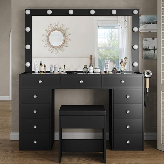 Vanity Desk & Power Outl, Makeup Table with Mirror and 12 LED Lights, Makeup Table with 11 Drawers, 3 Lighting Modes Brightness Adjustable(Black)