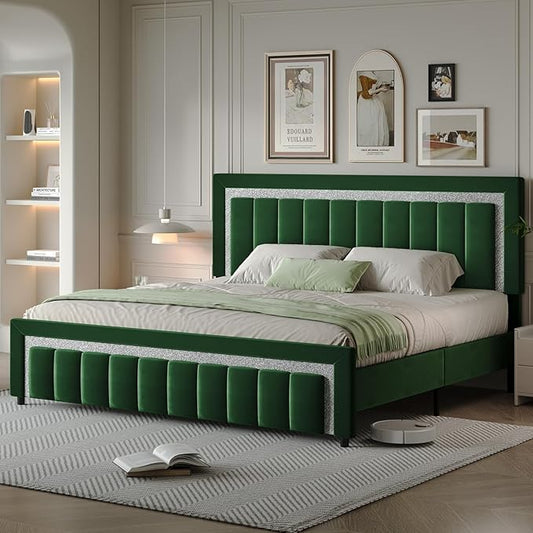 HOMBCK King Size Bed Frame with Diamond Headboard and Footboard, Velvet Upholstered Platform Bed with Wooden Slats, No Box Spring Needed, Easy Assembly, Green