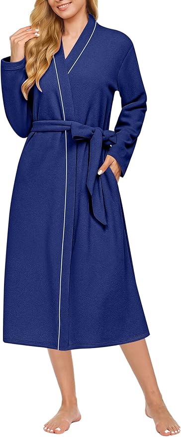 Ekouaer Robes for Women Long Sleeves Bathrobe V Neck Cozy Housecoat Lightweight Fleece Robe with Pockets S-XXL