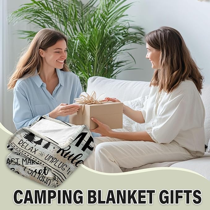 Camping Gifts for Women Men, Camp Blanket Gifts for Camper Lovers, Happy Campers Decor Outdoor Travel Hiking 50" x 60", Camping Rules Throw Blanket for Fathers Day