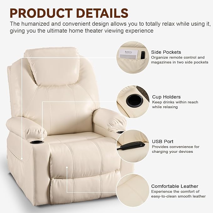 SALOHZA Power Lift Recliner Chair for Elderly with Massage and Heat for Living Room, Electric Recliner Chair for Adults with USB/Type C Port/Cup Holders, PU Faux Leather, Cream White