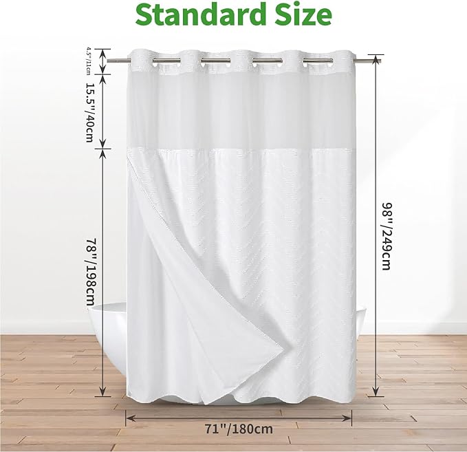 Extra Long No Hook Tufted Chevron Striped Shower Curtain with Snap-in Fabric Liner set-71Wx98H(96H),Tall Hotel Grade Boho Style Shower Curtain,Water Repellent,White