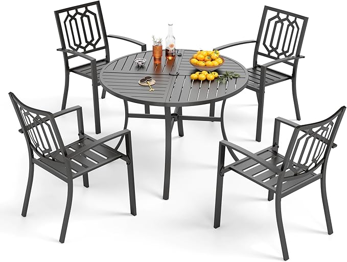 PHI VILLA 5 Pieces Outdoor Round Dining Set for 4, Wrought Iron Circle Table with Umbrella Hole & Stacking Metal Chairs, Morden Furniture Set for Patio, Deck, Backyard, Porch