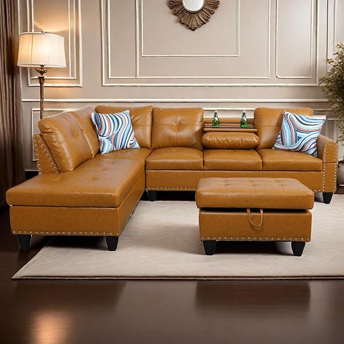 L Shaped Sectional Couch with Storage Ottoman, Modern Nailhead Comfy Lounge Sofa with Reversible Cup Holder & Chaise, 97" 4 Seat Modular Sofá for Living Room Apartment, Ginger