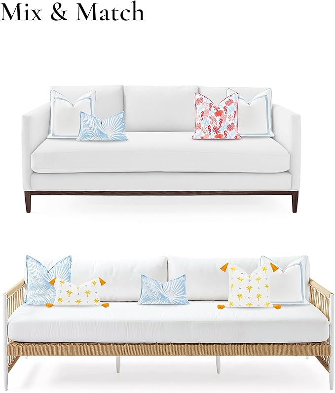 Hofdeco Premium Coastal Hampton Style Patio Indoor Outdoor Lumbar Pillow Cover Only, 12"x20" Water Resistant for Backyard, Couch, Baby Blue Palm Leaf