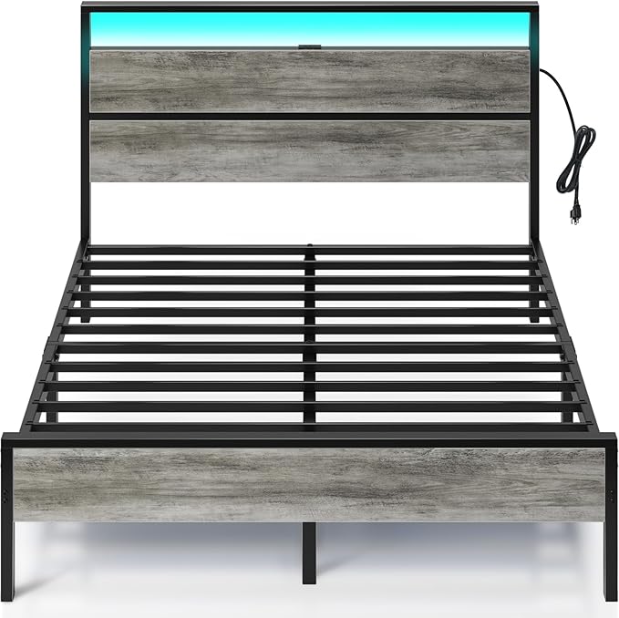 Rolanstar Full Bed Frame with Headboard, Bed Frame Full with LED Lights, Camas Full Size Bed with Charging Station, Solid Metal Slats, Noise Free, No Box Spring Needed, Grey