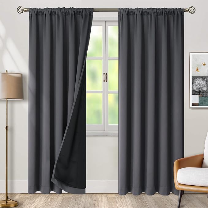 BGment 100% Room Darkening Thermal Insulated Blackout Curtains 90 Inches Long for Bedroom, Rod Pocket and Back Tab Double Layer Noise Cancelling Curtain with Liner (52 x 90 Inch, 2 Panels, Dark Grey)