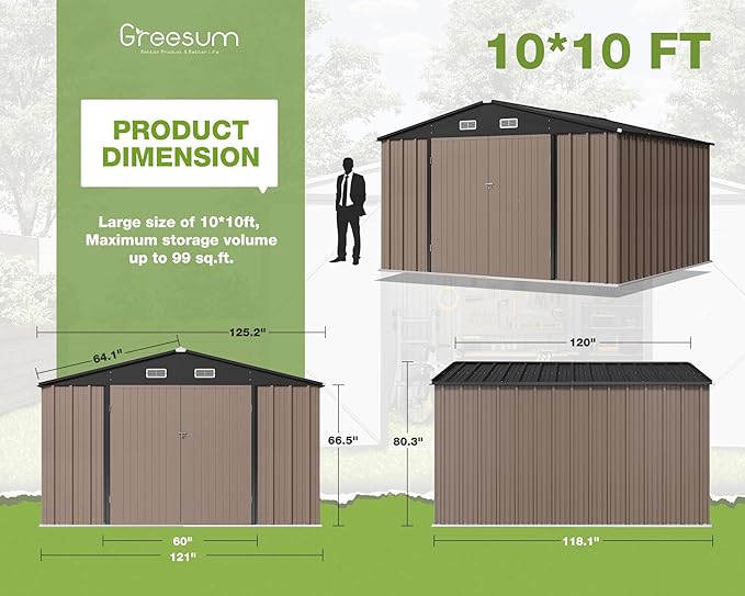 Greesum Metal Outdoor Storage Shed 10FT x 10FT, Steel Utility Tool Shed Storage House with Door & Lock, Metal Sheds Outdoor Storage for Backyard Garden Patio Lawn (10' x 10'), Brown