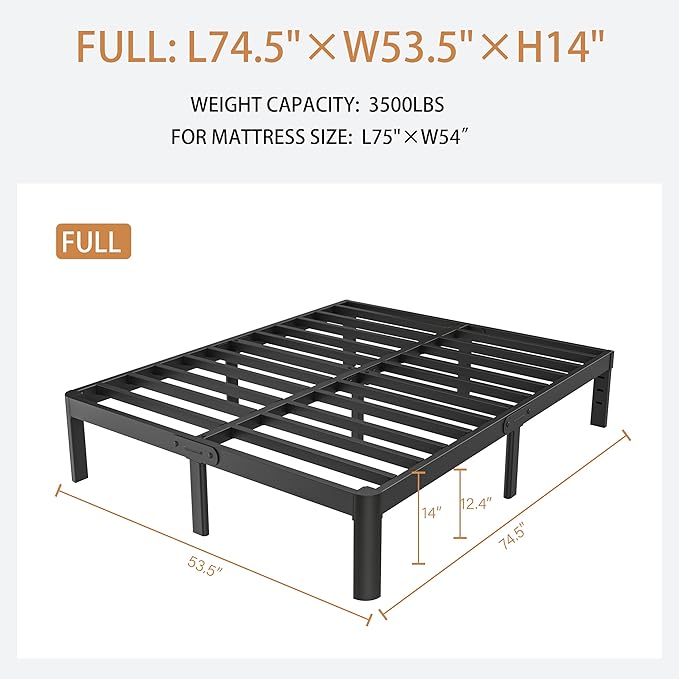 Full Size Bed Frame No Box Spring Needed, 14 Inch Metal Full Bed Frame, DIY Headboard Holes, Heavy Duty Steel Support 3500 LBS, Noiseless, Round Corner Legs, Storage Space, Easy Assembly, Black