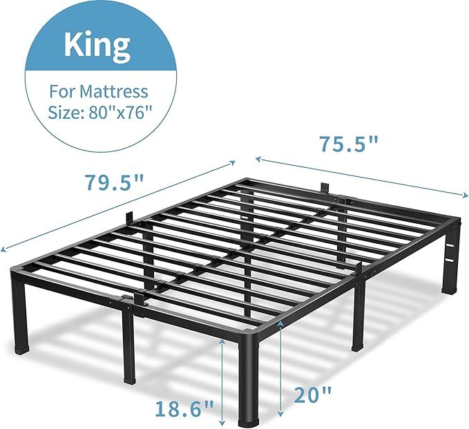 20 Inch King Size Bed Frame, 3500Lbs Heavy Duty Metal Platform with Round Corner Legs Mattress Slide Stopper, Steel Slat Support No Box Spring Needed, Noise Free, Non-Slip, Easy Assembly