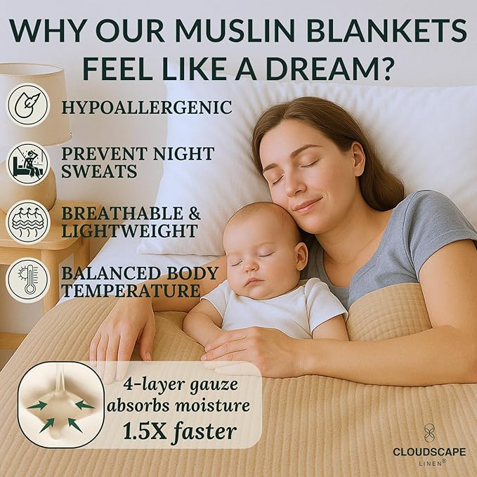 Soft 4 Layer Muslin Cotton Blankets Queen Size for Bed, 100% Cotton Blanket for All Season, Pre-Washed Gauze, Best Summer Blanket, 92x92, Beige Fog