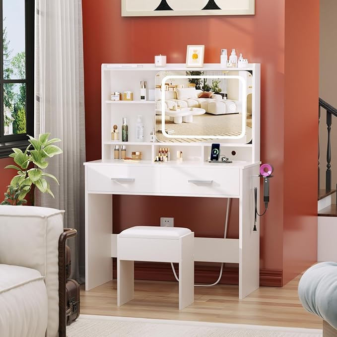 Vanity Desk with Sliding Mirror and Light,39 inch Makeup Vanity with Chair,2 Drawers,Power Outlet & Storage Shelves,3 Lighting Modes,Makeup Table Stool Set for Bedroom,White