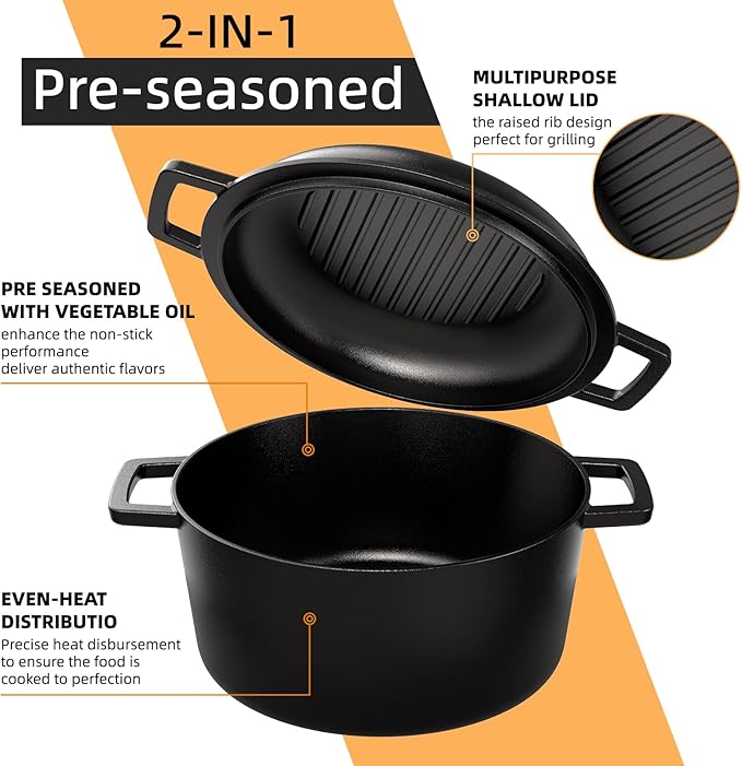 2-in-1 Pre-Seasoned Cast Iron Double Dutch Oven Pot with Skillet Lid & Silicone Sleeves – Raised Rib Skillet Lid– Umite Chef 7QT Cast Iron Skillet Cookware Pan Set wirh Dual Handles – Oven, Grill, Campfire & Stovetop Safe –PFAS-Free