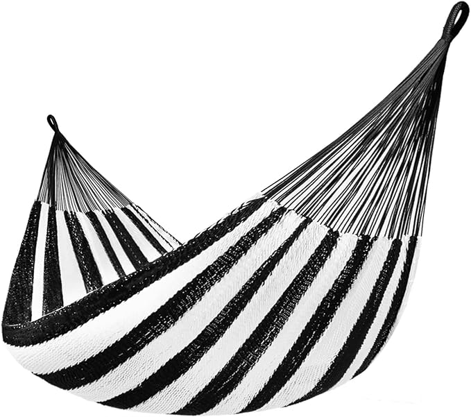 Lazy Daze Hammocks Handwoven Mayan Hammock, 10.5 FT Soft Rope Double Hammocks, Portable Outdoor Hammock with Carry Bag, 2 Straps & carabiners for Patio Outside, 550 lbs Weight Capacity, Black/White
