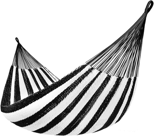 Lazy Daze Hammocks Handwoven Mayan Hammock, 10.5 FT Soft Rope Double Hammocks, Portable Outdoor Hammock with Carry Bag, 2 Straps & carabiners for Patio Outside, 550 lbs Weight Capacity, Black/White