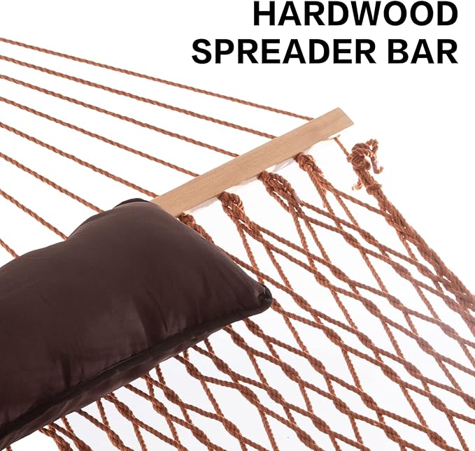 PNAEUT Double Hammock with Stand for Outside, Rope Hammocks with Hardwood Spreader Bar 2 Person, 12ft Heavy Duty Stand, Extra Pillow, Max 475 lbs Capacity (Mocha)