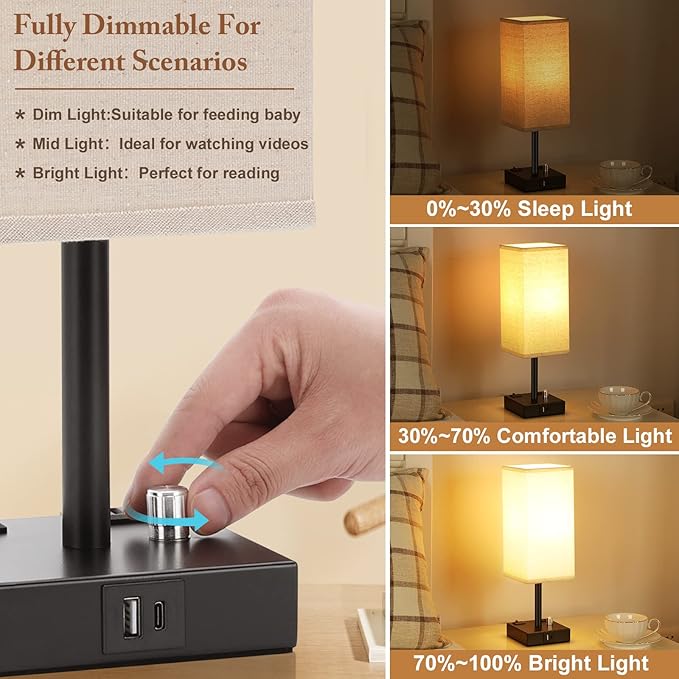 Fully Dimmable Nightstand Lamps Set of 2 - Table Bedside Lamp with USB C+A Charging Ports & 2 AC Outlets, Square Lamp Sets Linen Fabric Shade for Bedroom Living Room(Bulb Included)