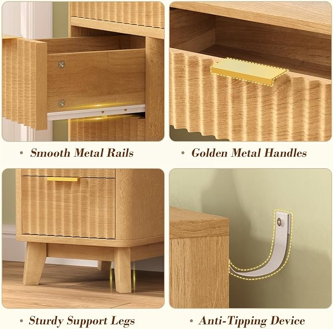 Fluted Vanity Desk with 46" Large Mirror and Lights, Big Vanity Table with Charging Station & RGB Lights, Makeup Vanity Mirror with Light Desk and 8 Drawers, Bedroom Vanity Dressing Table for Women