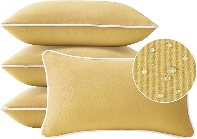 Decorative Outdoor Water Repellent Throw Pillows with Inserts, Set of 4, 20" x12" Pillows for Patio, Backyard, Bed, Couch, and Patio Furniture, Yellow