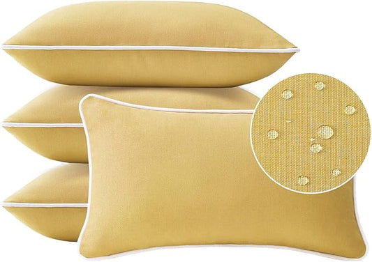 Decorative Outdoor Water Repellent Throw Pillows with Inserts, Set of 4, 20" x12" Pillows for Patio, Backyard, Bed, Couch, and Patio Furniture, Yellow